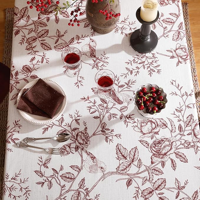 ISAENNE Designer Vintage Linen Extra Long Rectangle Tablecloth,Red Floral Pattern Linen Stain Resistant Table Cloth,Decor Tablecloths for Dining Thanksgiving Kitchen Party,67"*118"-Harmony