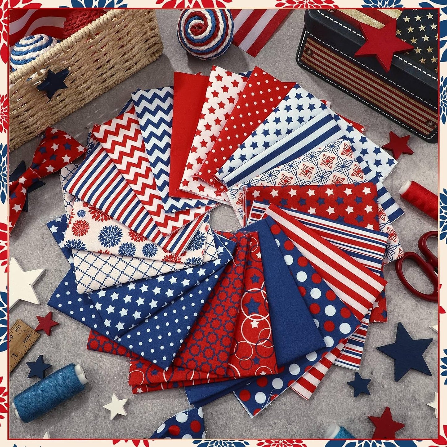 Ganeen 60 Pcs 10 x 10 Inch Vintage Patriotic Quilting Fabric Squares Red Blue White Fabric Bundle Retro 4th of July Fat Patchwork Precut Stripes for Memorial Day Handmade Material Sewing DIY Crafts