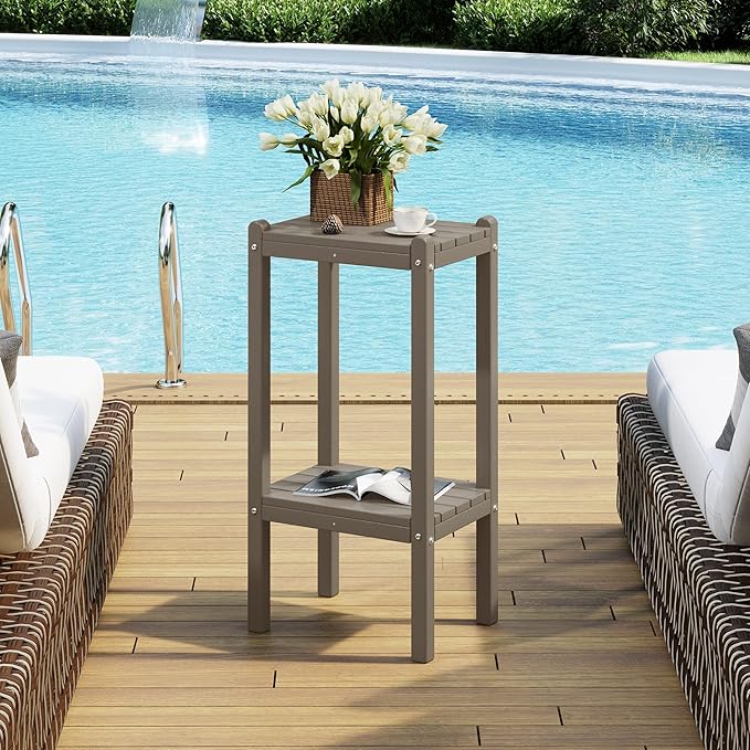 Costaelm Outdoor Side Table, 2-Tier Small Patio Coffee Tables for Outside, Outdoor End Tables for Patio, Adirondack Side Table for Outside, Outside Table for Pool, Porch, Garden, Weathered Wood
