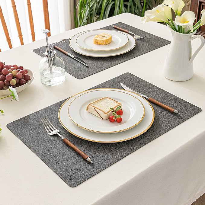 Romanstile Vinyl Placemats Set of 8-12 X 17 Inch - Heat Resistant Place Mats 100% Waterproof Oilproof Wipeable Reversible Faux Leather Table Mats for Kitchen, Dining, Party, Outdoor, Dark Grey