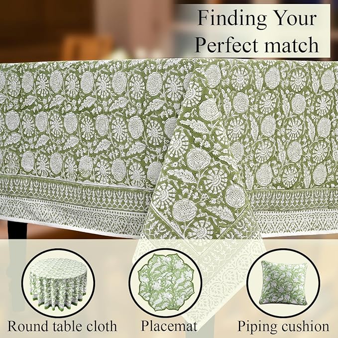CPC Olive Bloom Tablecloth 100% Cotton 70x118 Inch Indian Block Print Rectangle Table Cover, Table Cloth for Gifting in Weddings, Halloween, Fall, Christmas, Thanksgiving