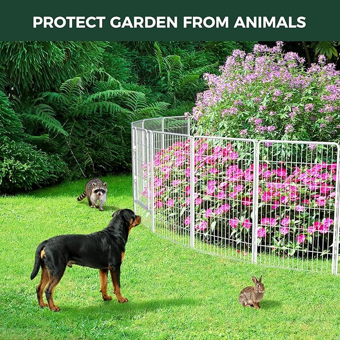 FXW Garden Fence Outdoor for The Yard – 45in(H) x 18.2ft(L) Heavy Duty Metal Animal Barrier for Dog and Rabbit, Decorative Dog Fence, 8 Panels, White