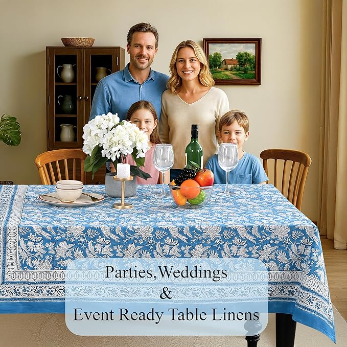 CPC Blue Sapphire 60X60 Inch Square Tablecloth Cotton Indian Block Print Tablecloth Handmade Printed Washable Cotton Table Cloth Spring Summer Weding Table Cover