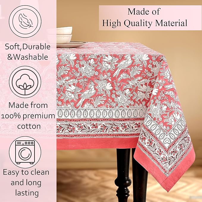 CPC Tablecloth 100% Cotton 70x108 Inch Indian Block Print Rectangle Table Cover, Pink Table Cloth for Weddings, Thanksgiving and Christmas - Pink Coral