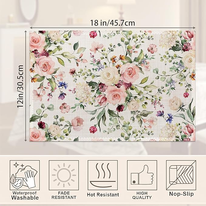 Spring Flower Placemats Set of 6,Pink White Rose Eucalyptus Leave,Waterproof Non-Slip Washable Table Mats Set for Kitchen Dining Holiday Party Wedding Decor 12x18 Inch