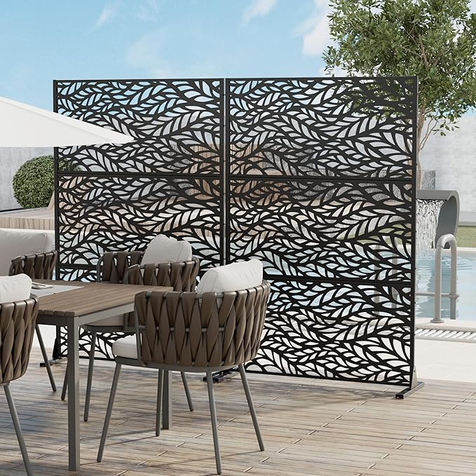 Casaphoria 72" H x 45" W Metal Privacy Screen, 2 Pack Outdoor Freestanding Decorative Divider for Patio & Garden with Stable Base, Black-Spring