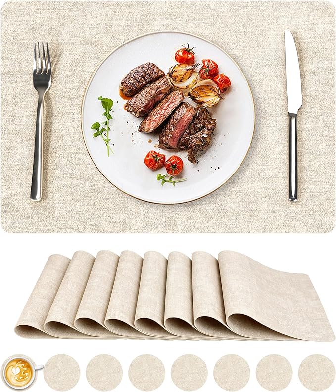 Vinyl Placemats Set of 8, Faux Leather Waterproof and Heat Resistant Place Mats, Washable Anti-Slip Table Mats with Coaster, Wipeable Placemats for Indoor & Outdoor 17" x 12" (Beige, Set of 8)