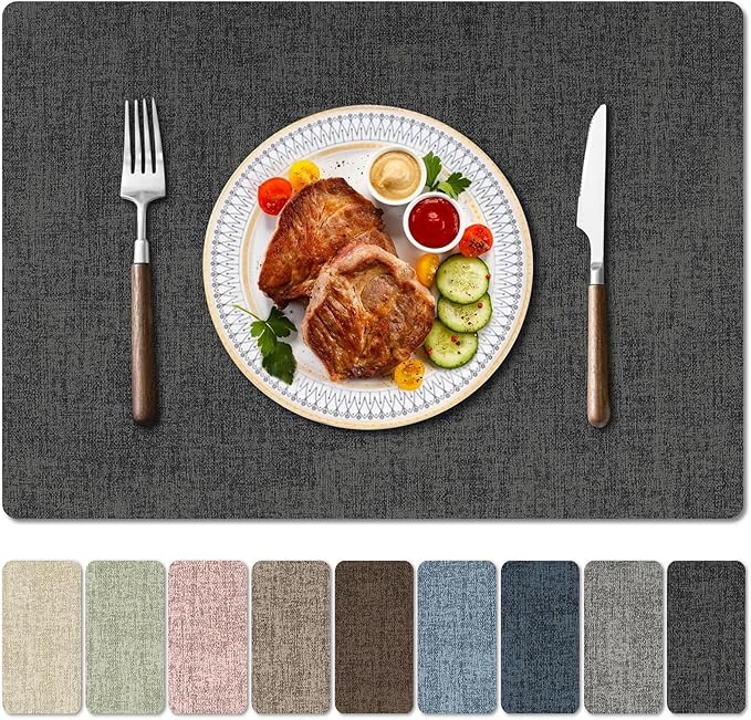 Faux Leather Heat Resistant Placemats Set of 4 – Waterproof Oilproof Wipeable Dining PU Place Mat Easy Clean Table Mats for Kitchen/Dining/Party/Holiday, Dark Grey