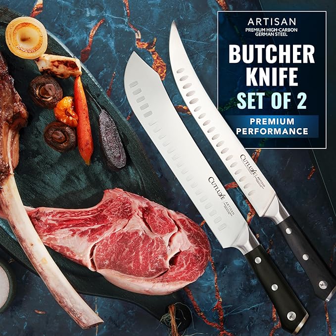 Cutluxe Butcher Knife Set – Cimeter Breaking & Bullnose Carving Knives for Meat Cutting – Professional Knife Set, Razor Sharp German Steel,Full Tang, Ergonomic, Butcher Knives for BBQ – Artisan Series