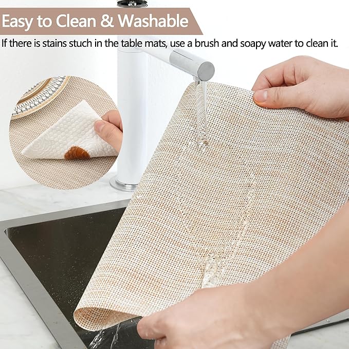 SLKQG Placemats Set of 8 - Easy Clean Washable Vinyl Placemats - Wipeable Heat Resistant Table Mats for Dining Table - 17.7x11.8 Inch (8, Beige)