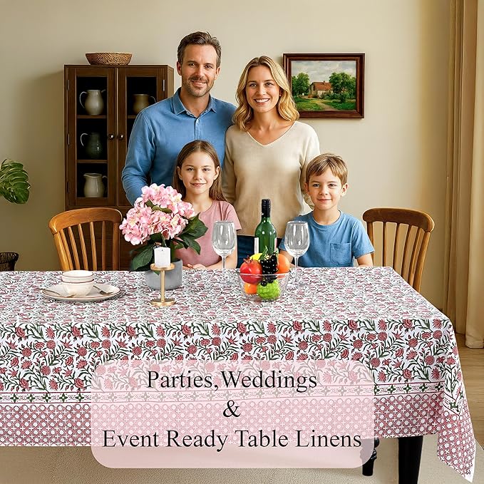 CPC Tablecloth 100% Cotton 70x108 Inch Indian Block Print Rectangle Table Cover, Gray Table Cloth for Weddings, Spring/Summer, Barbeque - Red Garnet