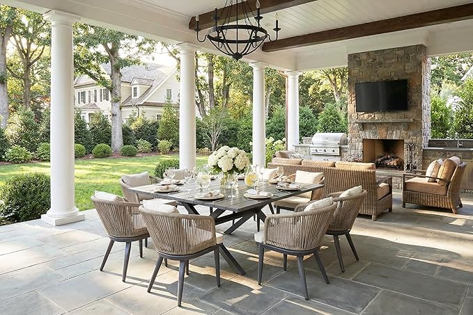 PURPLE LEAF 9 Pieces Outdoor Metal Furniture Set Patio Conversation Sets Dining Set, 1 Square Dining Table and 8 Modern Chairs with Cushions Seat Taupe