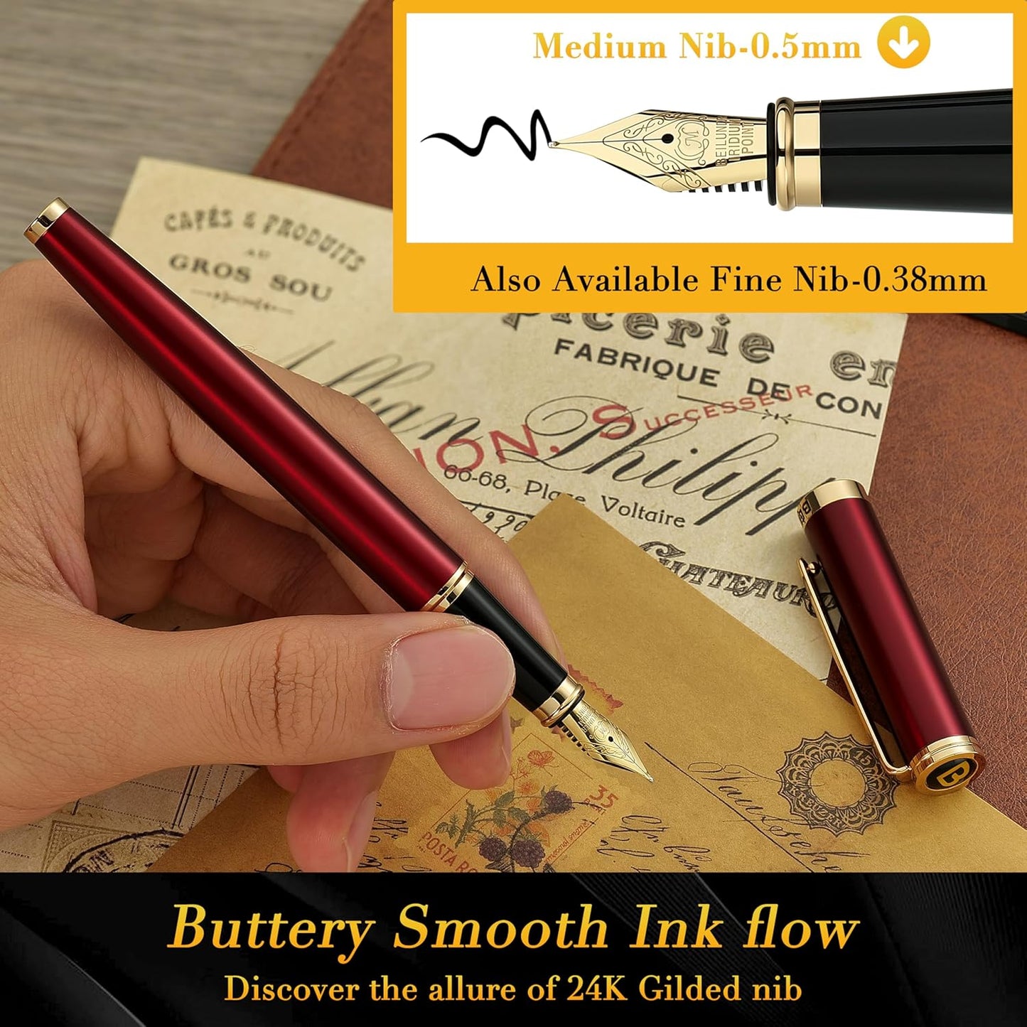 BEILUNER Red Fountain Pen,Stunning Luxury Pens with 24K Gold Finish, Gorgeous 24K Gilded Nib(Medium), Fancy Pen Gift for Men&Women -Ink Converter-Elegant,Professional,Office,Nice Pen for Writing