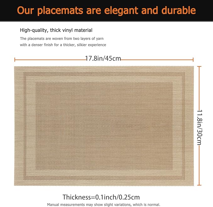 Placemats Set of 6 Washable&Wipeable Place mats for Dining Table Kitchen Indoor Outdoor Table Mats Heat Resistant Non Slip Woven Vinyl Table Placemats (Khaki，6PCS)
