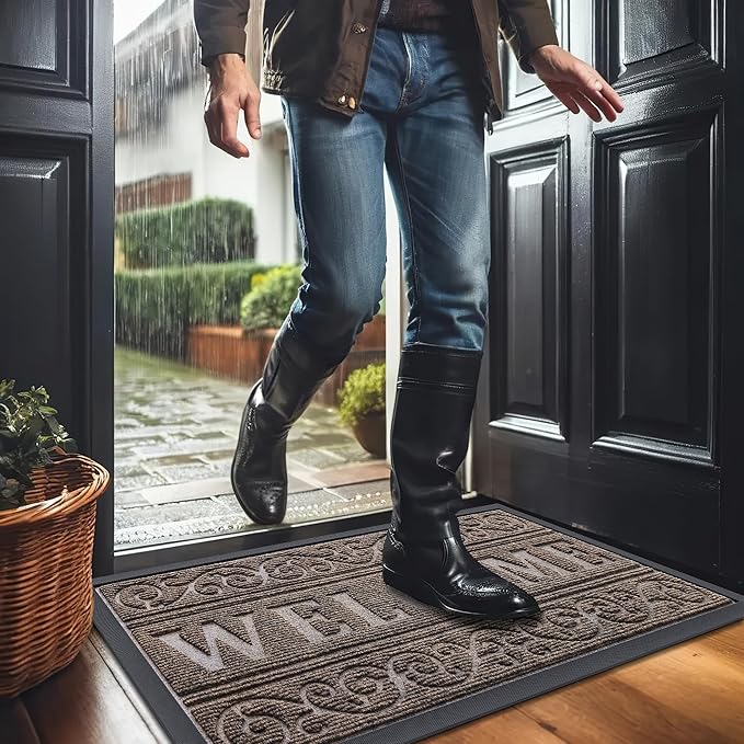 OLANLY Welcome Door Mat Indoor Outdoor Entrance, Heavy Duty Sturdy Front Door Mat, Waterproof All-Weather Doormat, Stain Resistant, Low Profile, Easy Clean Patio Entryway Mat, 47 x 32, Medium Brown