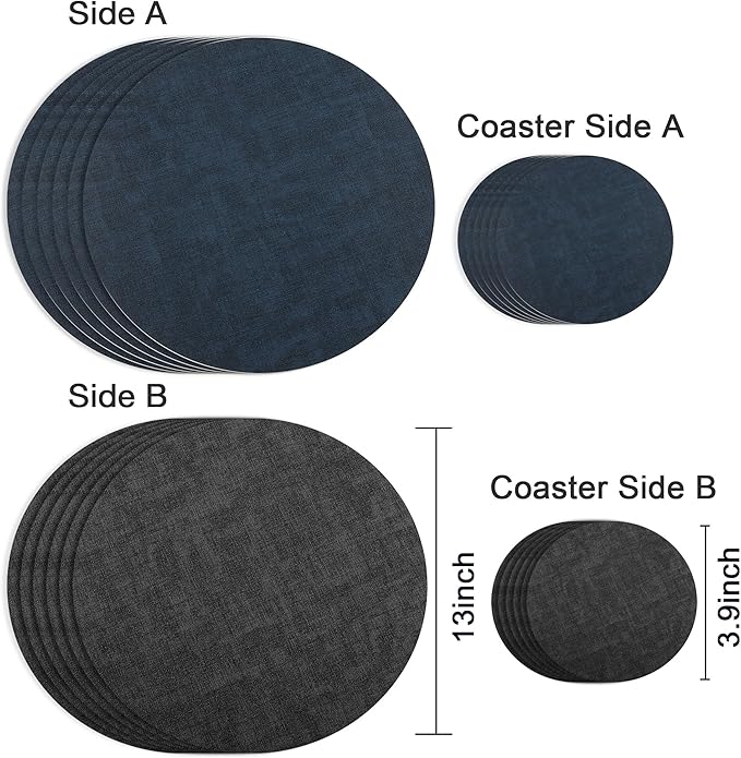 13-Inch Faux Leather Round Placemats Set of 6, Waterproof Anti-Slip Dual Sided Place mats, Heat Resistant Washable Table Mats with Coaster, Suitable for Indoor & Outdoor (6, Black Navy Blue)
