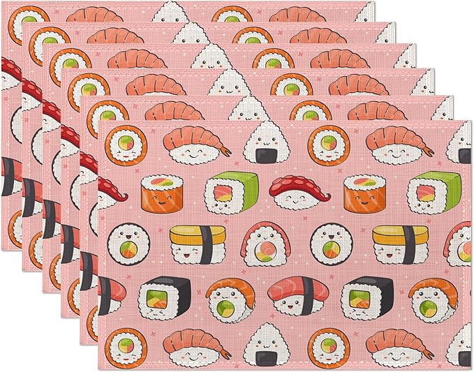 Japanese Style Cute Pink Sushi Rolls Placemats Set of 6,Waterproof Non-Slip Washable Table Mats Set for Kitchen Dining Holiday Party Wedding Decor 12x18 Inch