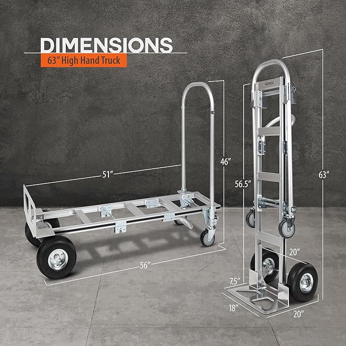 Vergo Industrial Convertible Hand Truck - AS7B Heavy Duty Aluminum 2 in 1 Dolly (800 lb Capacity) Lightweight Reinforced Frame, Ergonomic Handle, Superior Mobility Moving Dolly (2 Positions, 63" High)