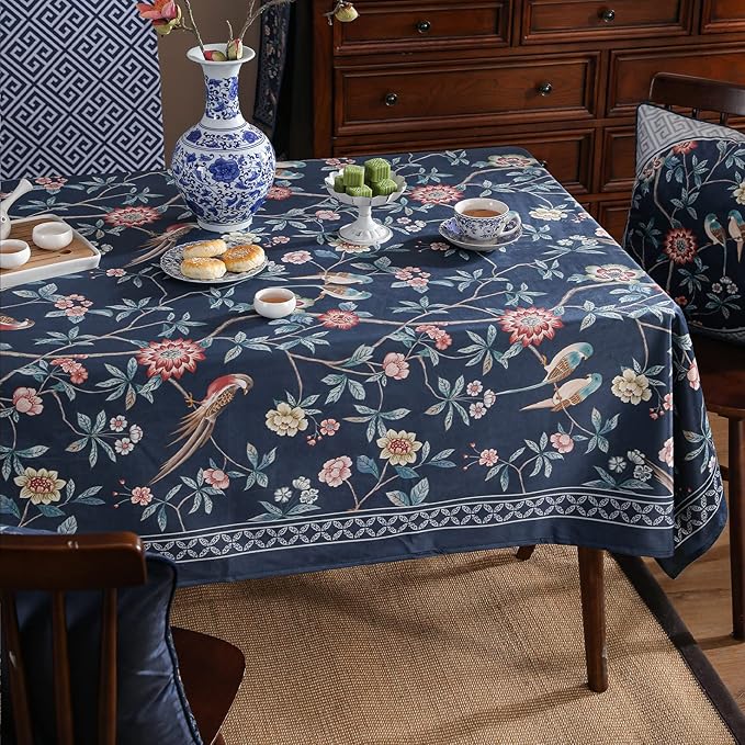 patdrea Designer Dark Blue Linen Rectangle Tablecloth,Vintage Navy French Floral and Birds Pattern Table Cloth,Decoration Table Cover for Kitchen,Dining,Tea Party,Home,Christmas,63"*87"