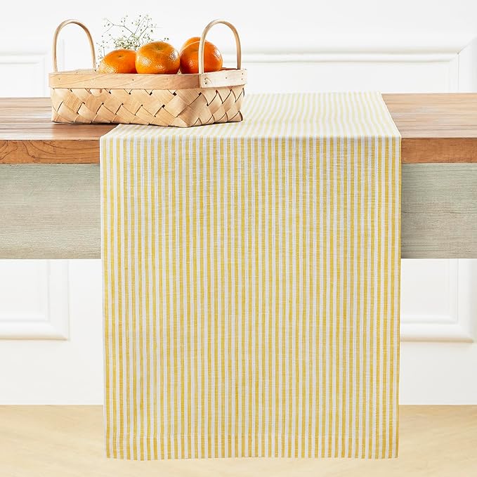 Solino Home Linen Striped Table Runner 144 Inches Long - Narrow Stripe 100% Pure Linen Spicy Mustard and White Dining Table Runner 14 x 144 Inch for Spring, Easter
