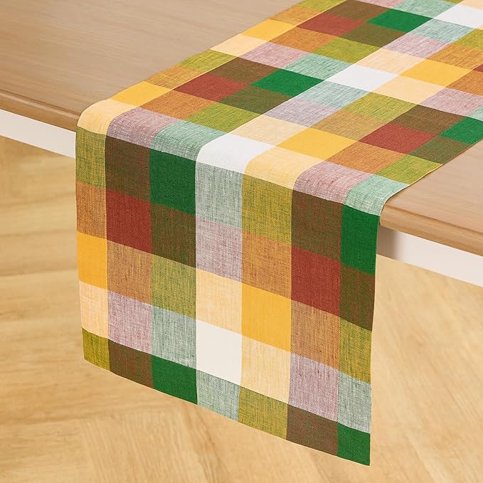Solino Home Checkered Linen Table Runners 72 Inches Long - 100% Pure Linen Multicolor Fall Buffalo Check Table Runner 14 x 72 Inch Ideal for Dresser, Dining