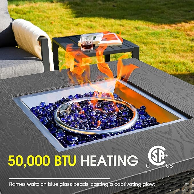 Sundale Outdoor 28 Inch Outdoor Fire Pit Table, 50000 BTU Propane Fire Pits with Rain Cover, Glass Stones and Lid, Wicker Gas Fire Pit for Outside Patio and Garden, CSA-Listed