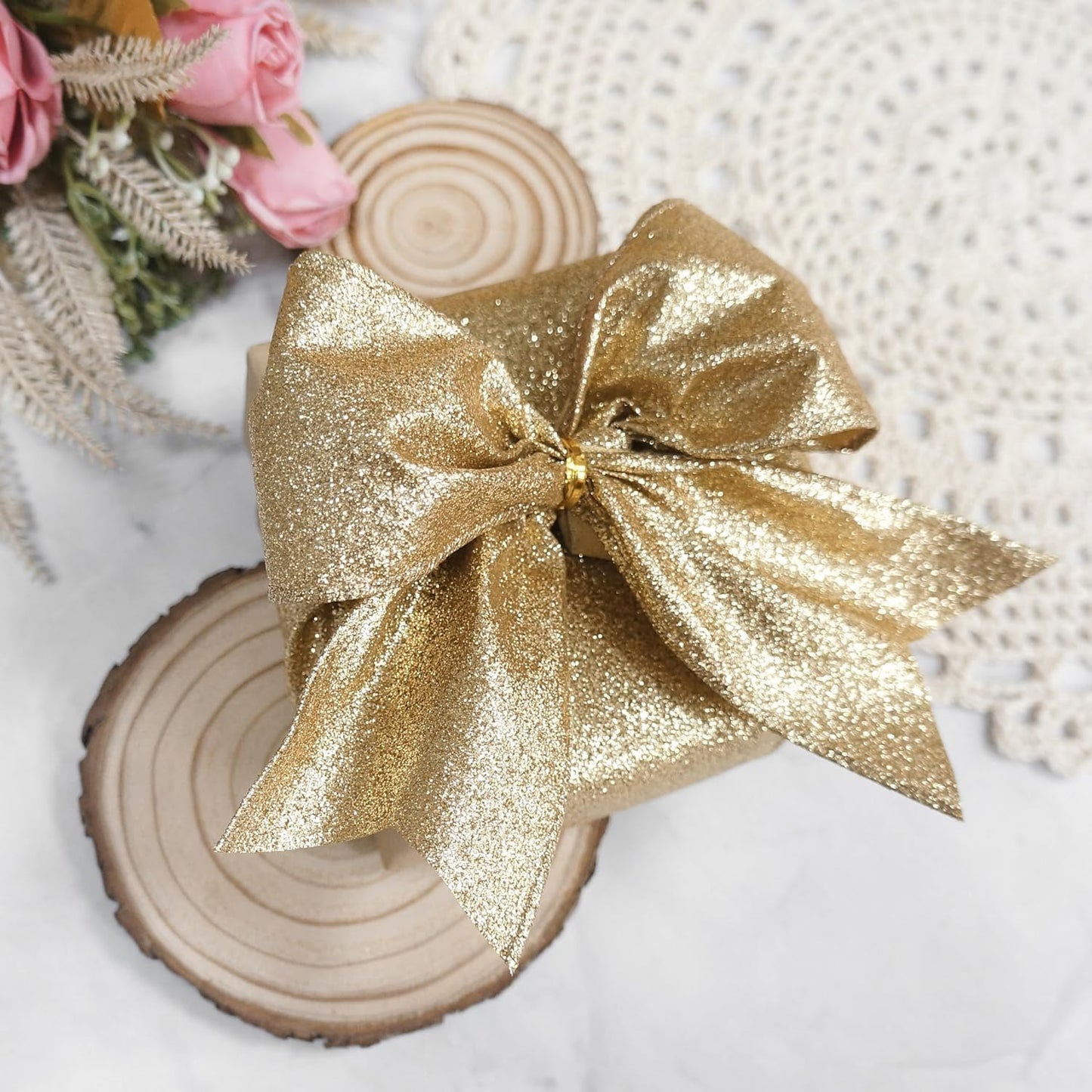 CT CRAFT LLC Glitter Wired Ribbon 4" x 10 Yards Light Gold for Christmas Home Decor Bow Gift Wrapping DIY Crafts Wreath