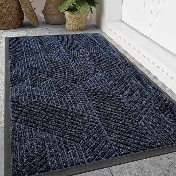 Smiry Front Door Mat Outside Entrance, Heavy Duty Sturdy Natural Rubber Doormat, Trap Dirt and Moisture, Easy Clean Low Profile Mats for Indoor Outdoor Entry, Irregular Triangle (59x24, Navy Blue)