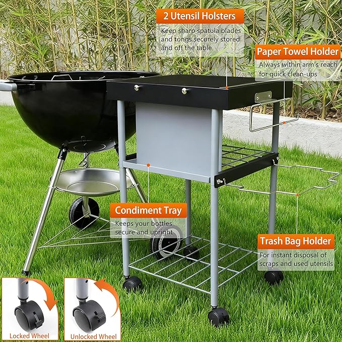 Grill Table Cart for Weber 22 inch Kettle 18in Charcoal Camping Carts for Blackstone 17 inch Griddle Accessories Outdoor Grillling Side Tables Freestanding Barbecue Shelves with Wheels Storage