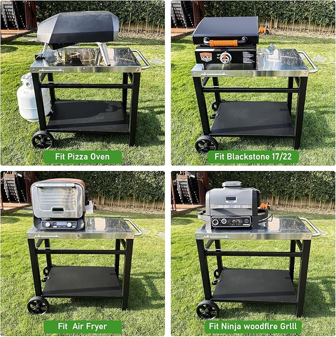 34x21IN Outdoor Grill Table, Grill Stand Cart for Ninja Woodfire & Blackstone Griddle, Pizza Oven Table for Outside, Extra-Wide Stainless Steel Cart with Wheels for Kitchen Table Barbecue Tool Set