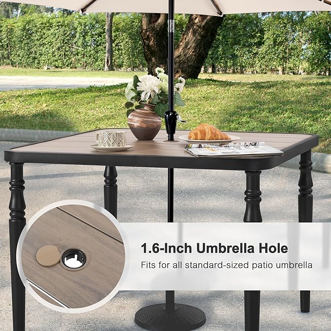 NUU GARDEN 37" Square Outdoor Dining Table, Metal Dining Table with Umbrella Hole, Wood-Grain Tabletop, Weather-Resistant for Garden, Backyard, Deck, Lawn