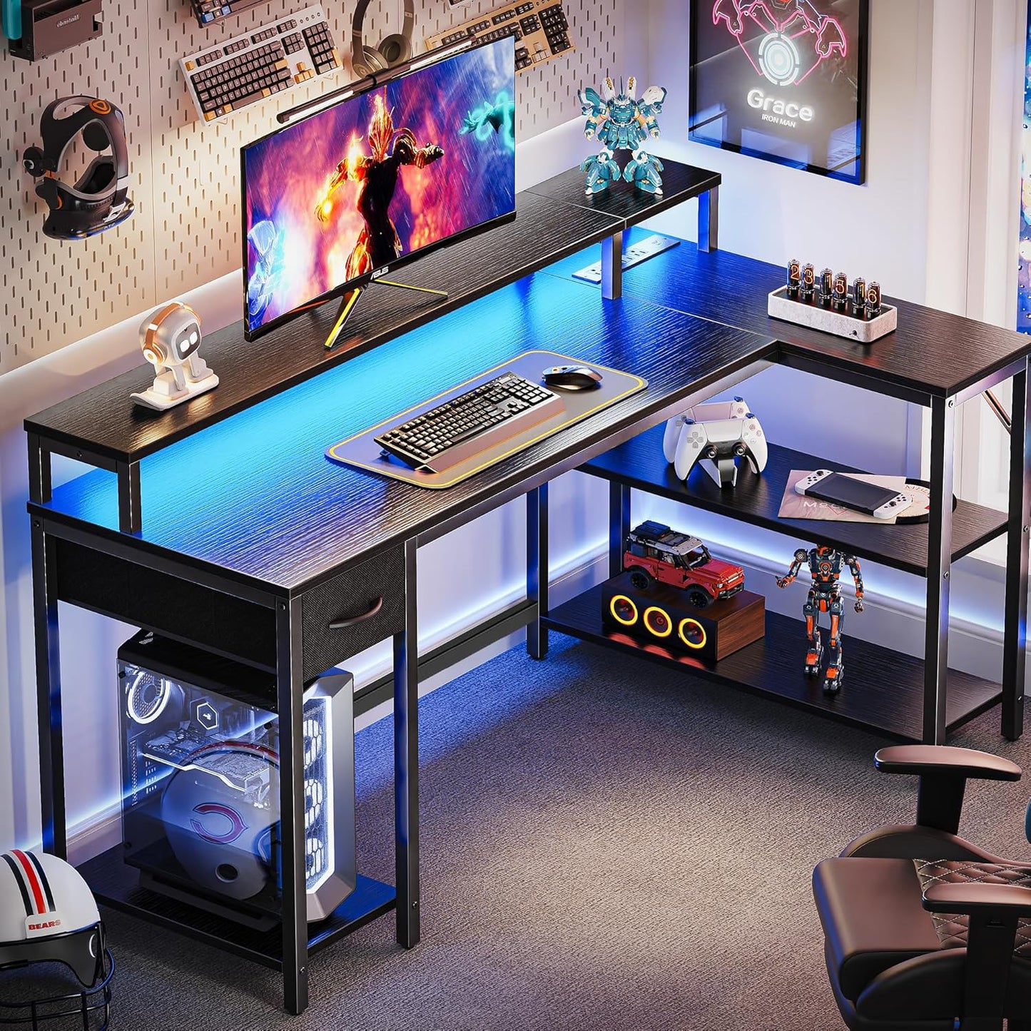 SUPERJARE 53 inch Reversible L Shaped Desk with LED Lights & Power Outlets, Computer Desk with Shelves & Monitor Stand, Gaming Desk with Drawer, Home Office Desk Corner Desk, Black