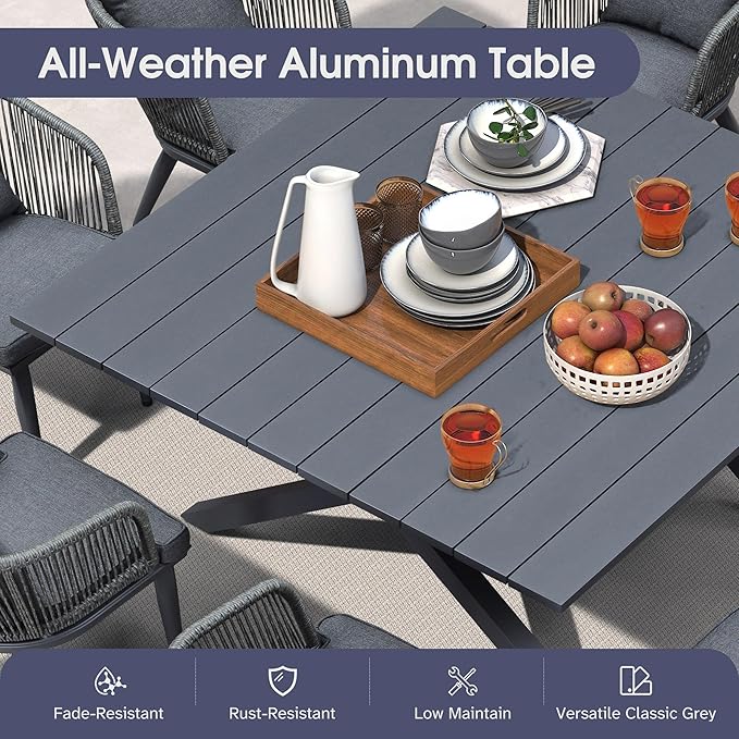 PURPLE LEAF 9 Pieces Outdoor Metal Furniture Set Patio Conversation Sets Dining Set, 1 Square Dining Table and 8 Modern Chairs with Cushions Seat Grey