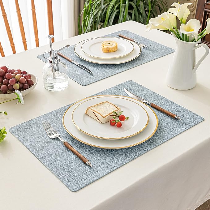 Romanstile Vinyl Placemats Set of 4-12 X 17 Inch - Heat Resistant Place Mats 100% Waterproof Oilproof Wipeable Reversible Faux Leather Table Mats for Kitchen, Dining, Party, Outdoor, Sky Blue