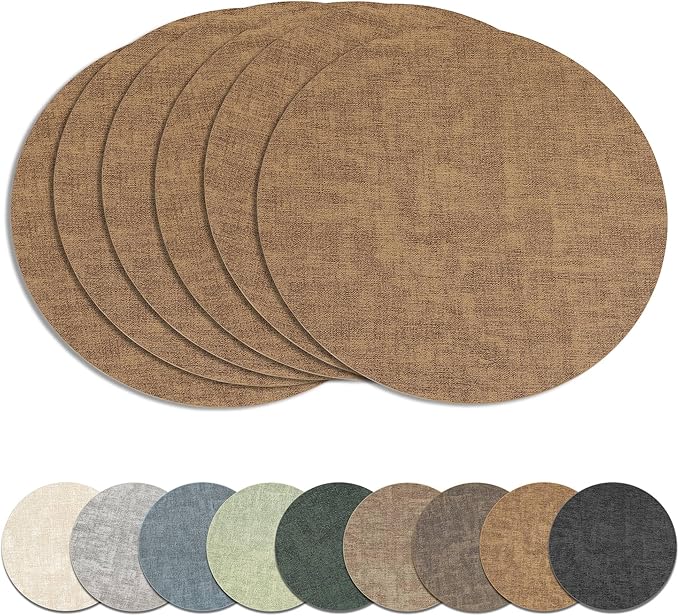 13" Round Placemats Set of 6, Reversible Faux Leather Heat Resistant Table Mats, Waterproof Oilproof Wipeable Table Protective Placemats for Vinyl, Washable for Indoor & Outdoor Use (6, Light Brown)