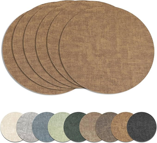 13" Round Placemats Set of 6, Reversible Faux Leather Heat Resistant Table Mats, Waterproof Oilproof Wipeable Table Protective Placemats for Vinyl, Washable for Indoor & Outdoor Use (6, Light Brown)