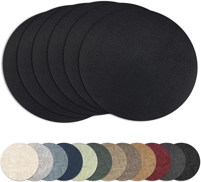 13" Round Placemats Set of 6, Reversible Faux Leather Heat Resistant Table Mats, 100% Waterproof Oilproof Wipeable Table Protective Placemats for Vinyl, Washable for Indoor (6, Black)