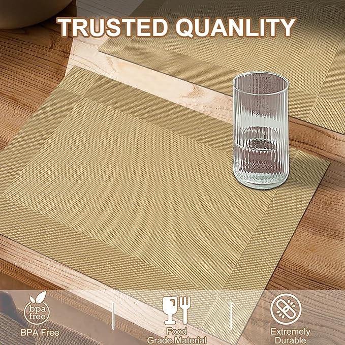 BETEAM Placemats Set of 8, Woven Vinyl Placemat for Dining Table Washable Wipeable Kitchen Place Mats Durable Indoor Outdoor Table Mats