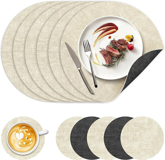13" Round Placemats Set of 6, NCUE Dual-Sided Faux Leather Heat Resistant Table Mats, Waterproof Oilproof Washable Protective Table Placemats with Coaster, Wipeable Vinyl for Indoor & Outdoor Use