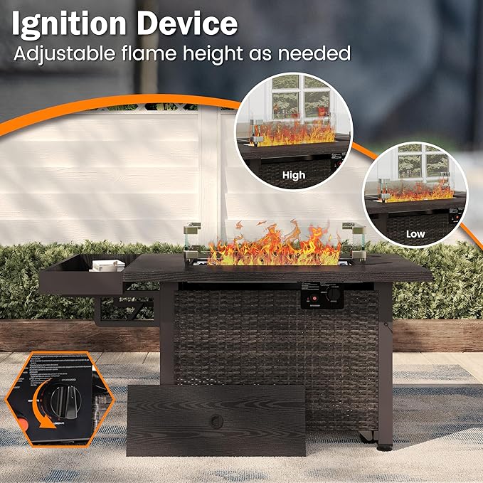 52 Inch Wicker Patio Fire Table, 50,000BTU Propane Fire Pit Table with Glass Wind Guard, Side Basket, Cover and CSA Certified, Outdoor Fire Pit for Garden, Backyard, Balcony, Poolside, Brown
