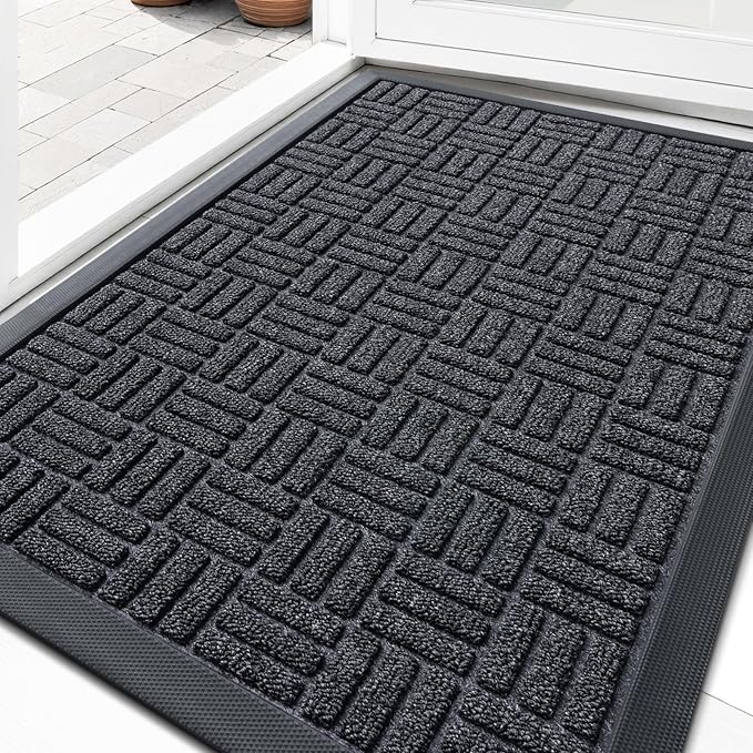 OLANLY Front Door Mat Outside Entrance 29.5x17, Absorbent, Heavy Duty Sturdy Natural Rubber Doormat Indoor Outdoor, Non-Slip, Stain and Fade Resistant, Low Profile Floor Mat for Entryway, Black Gray
