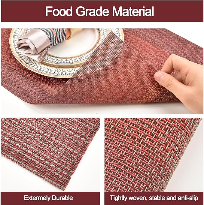 SLKQG Red Placemats Set of 6 - Easy Clean Washable Vinyl Placemats - Wipeable Heat Resistant Table Mats for Dining Table - 17.7x11.8 Inch (6, Red Gradient)