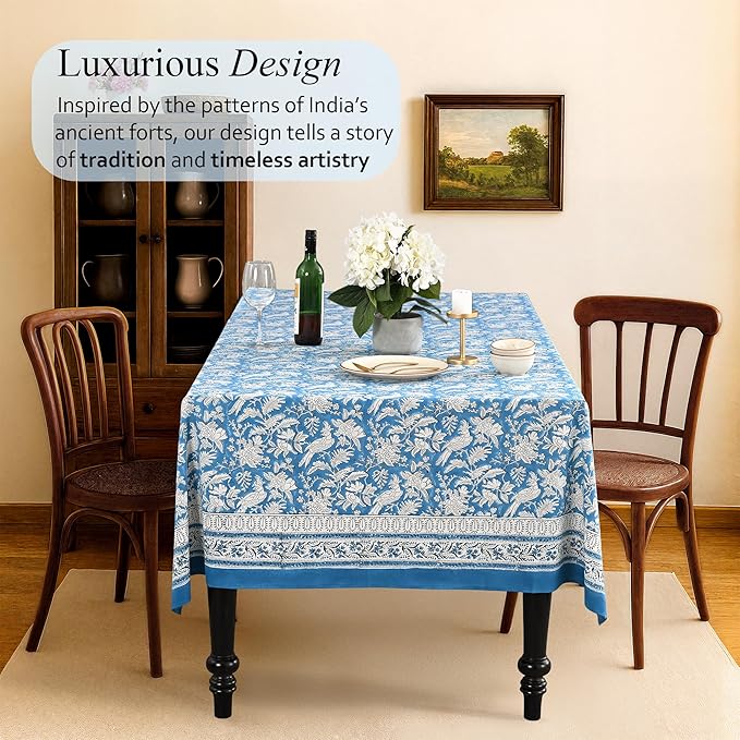 CPC Tablecloth 100% Cotton 70x140 Inch Indian Block Print Rectangle Table Cover, Washable Table Cloth for Weddings, Spring/Summer, Barbeque - Blue Sapphire