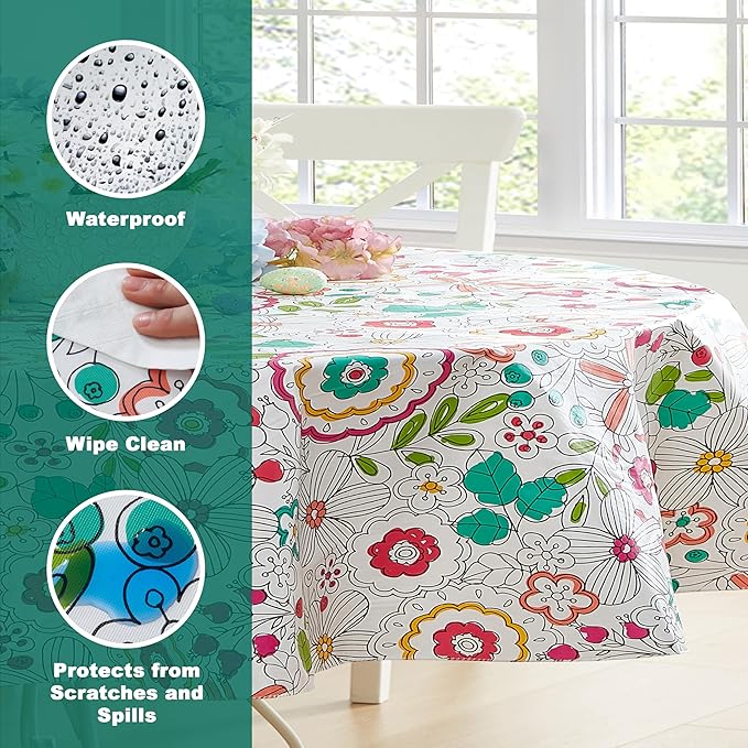 Newbridge Shabby Chic Lily Print 60 x 84 Inch Oval Vinyl Flannel Backed Tablecloth, Pink Yellow and Green Lily Indoor and Outdoor Waterproof Vinyl Table Cover for Spring Holiday Party