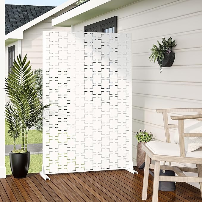 Casaphoria Metal Privacy Screen Outdoor, 72" H x 47" W Freestanding Decorative Privacy Screen for Patio Deck Balcony Garden with Stable Base, White Brick