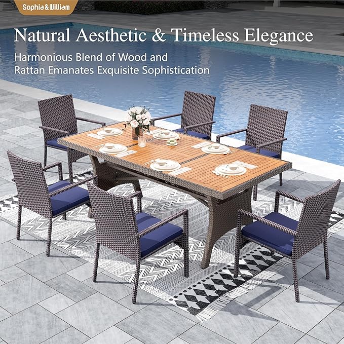 Sophia & William 7 Piece Patio Dining Set, Patio Table and Chairs Set Outdoor Dining Set for 6, Acacia Wood Patio Dining Table Set with PE Rattan Wicker Chairs for Garden, Porch, Backyard