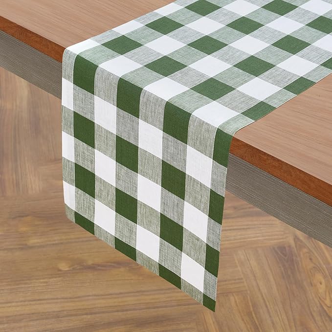 Solino Home Linen Table Runner 132 Inches Long - 100% Pure Linen Olive and White Buffalo Check Extra Long Table Runner 14 x 132 Inch Ideal for Dining, Spring, St Patricks Day, Easter