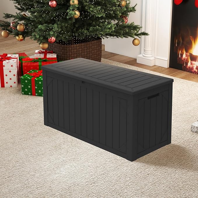 100 Gallon Resin Deck Box, Waterproof Outdoor Storage Box for Patio Furniture Cushions, Garden Tools, and Pool Accessories, Large Lockable UV-Resistant Storage Bin Bench Cabinet for Outside, Black