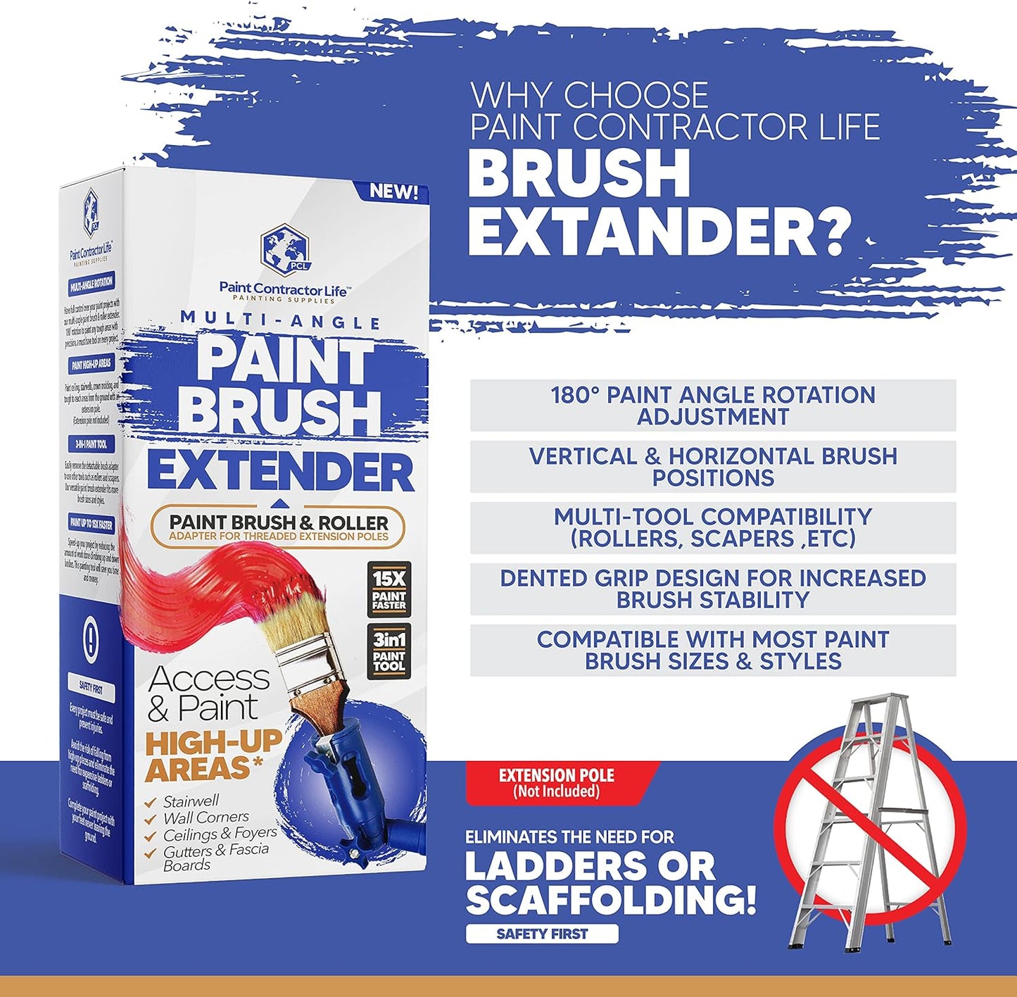 Multi-Angle Paint Brush Extender - Extension Pole Attachment Holder for Paint Brush, Roller, Scraper - for Walls, Trims, Corners, Ceilings & Hard to Reach Areas - Rotating Head, Secure Handle Grip