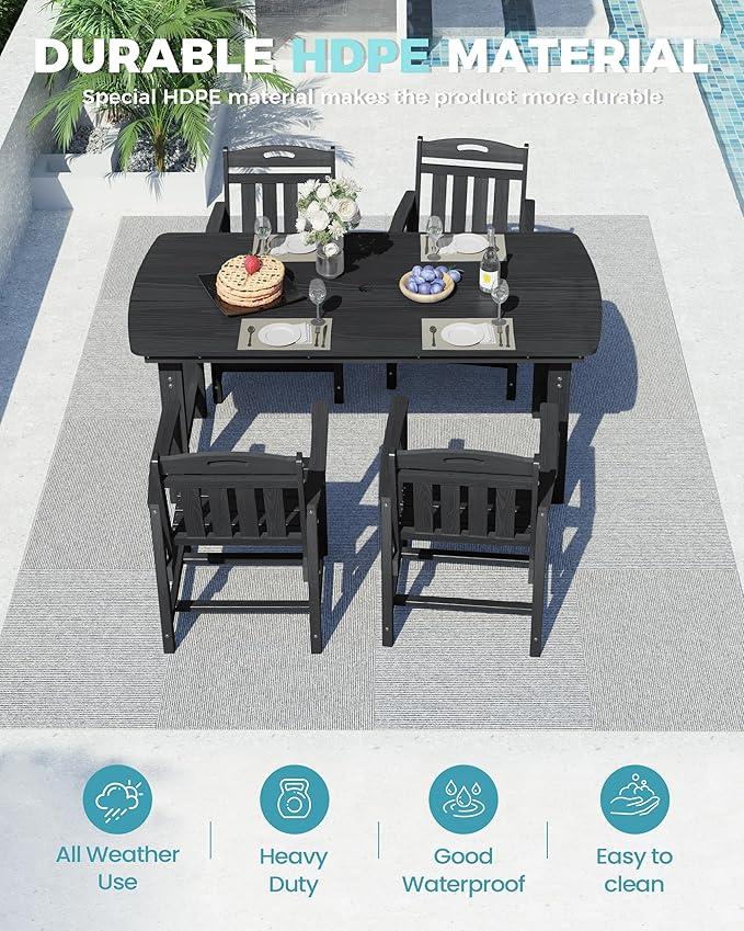 Ciokea HDPE Outdoor Dining Set, 5-Piece Patio Table and Chairs Set with Umbrella Hole, All-Weather Patio Dining Sets for 4, Durable Patio Furniture for Backyard, Garden, Lawn & Poolside, Black